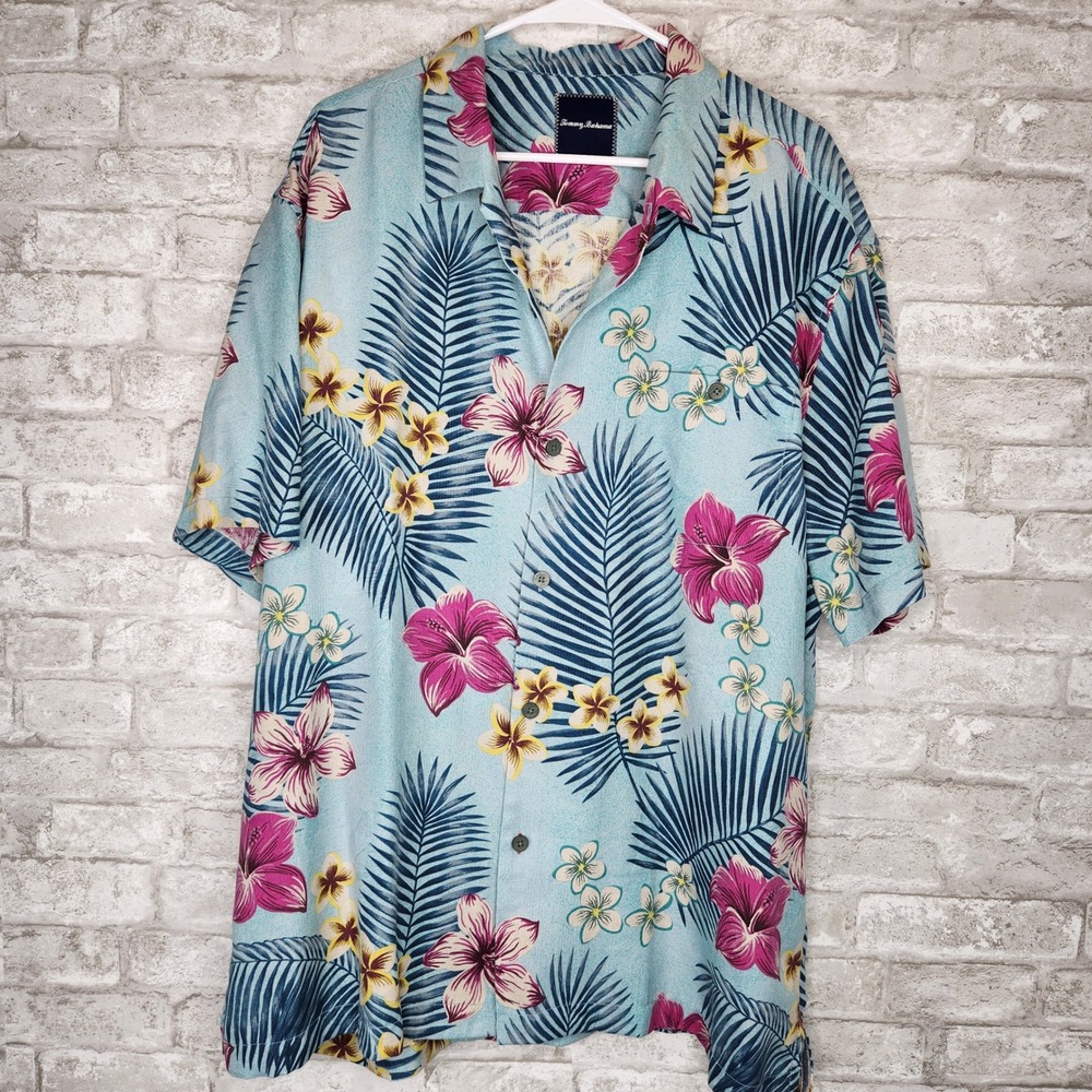 Tommy Bahama Hawaiian Shirt Tropical Hibiscus‎ Palm Silk Blend Camp XXL